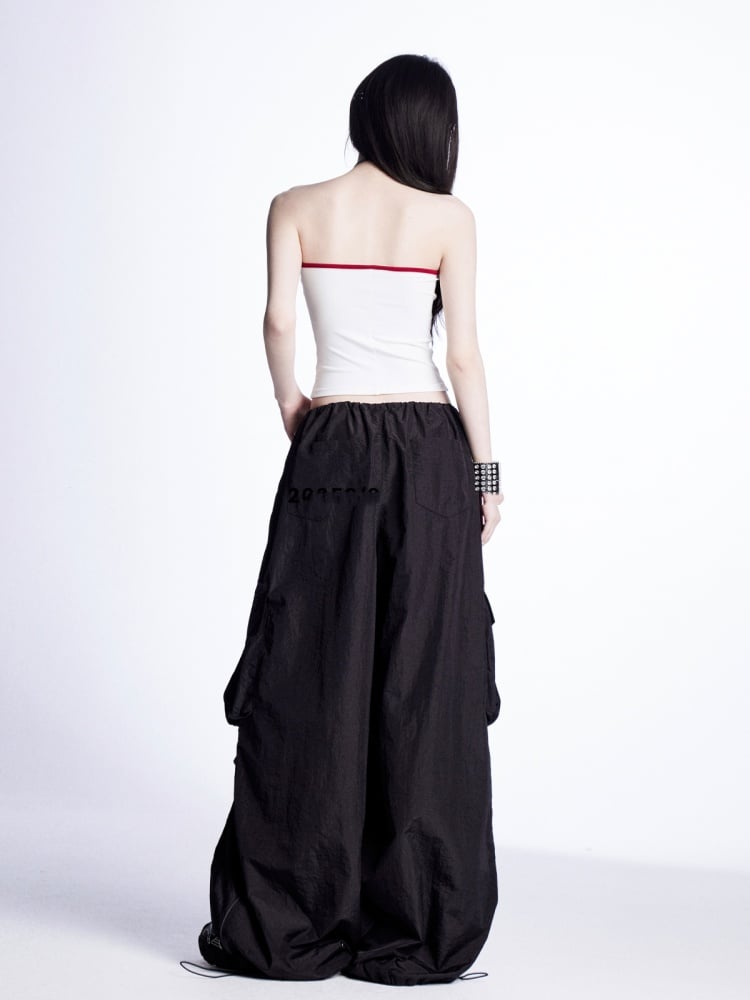 Weite Cargohose mit Kordelzug an den Bündchen Vintage Schwarz Niedrig