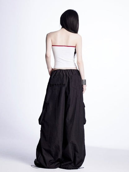 Weite Cargohose mit Kordelzug an den Bündchen Vintage Schwarz Niedrig