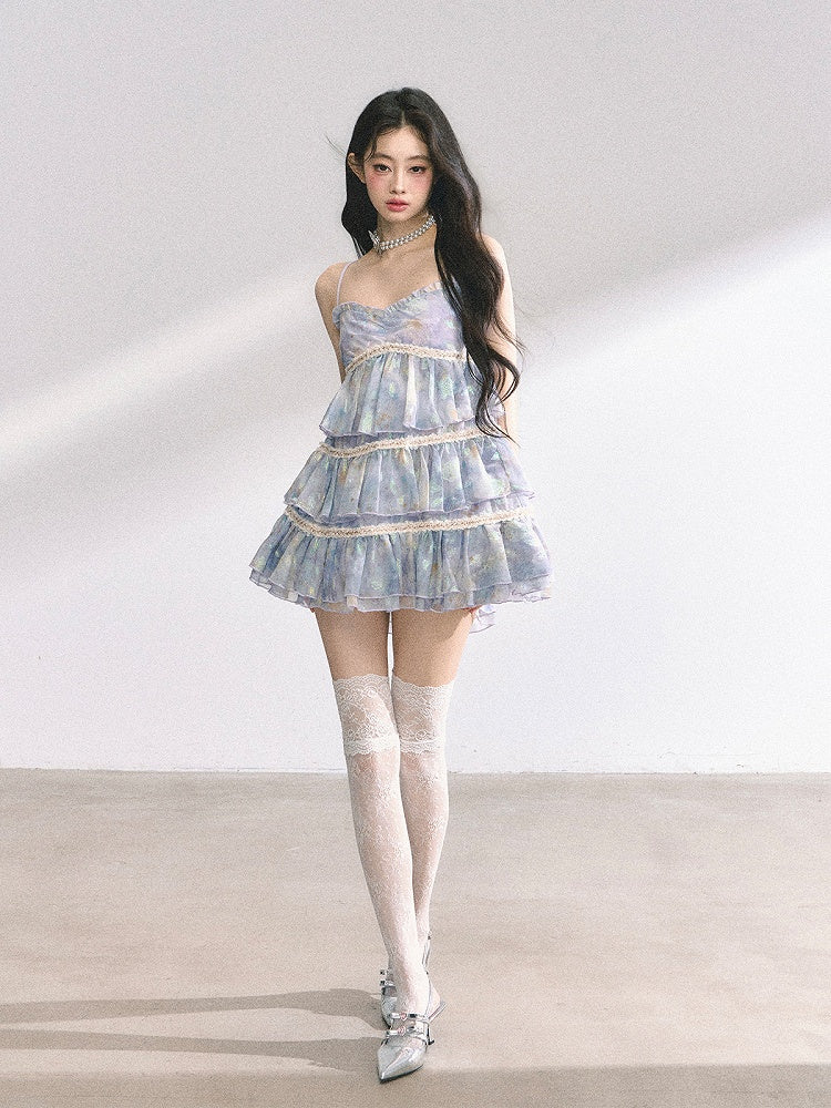 スリップドレス ティアードネックラインスカート ブルー スイートハート 油絵 花柄 ミニ