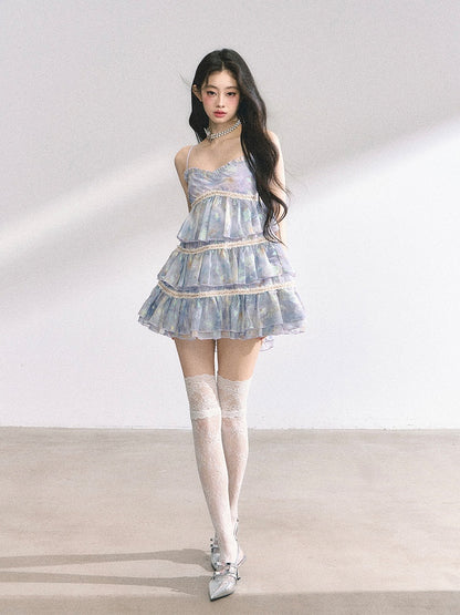 スリップドレス ティアードネックラインスカート ブルー スイートハート 油絵 花柄 ミニ