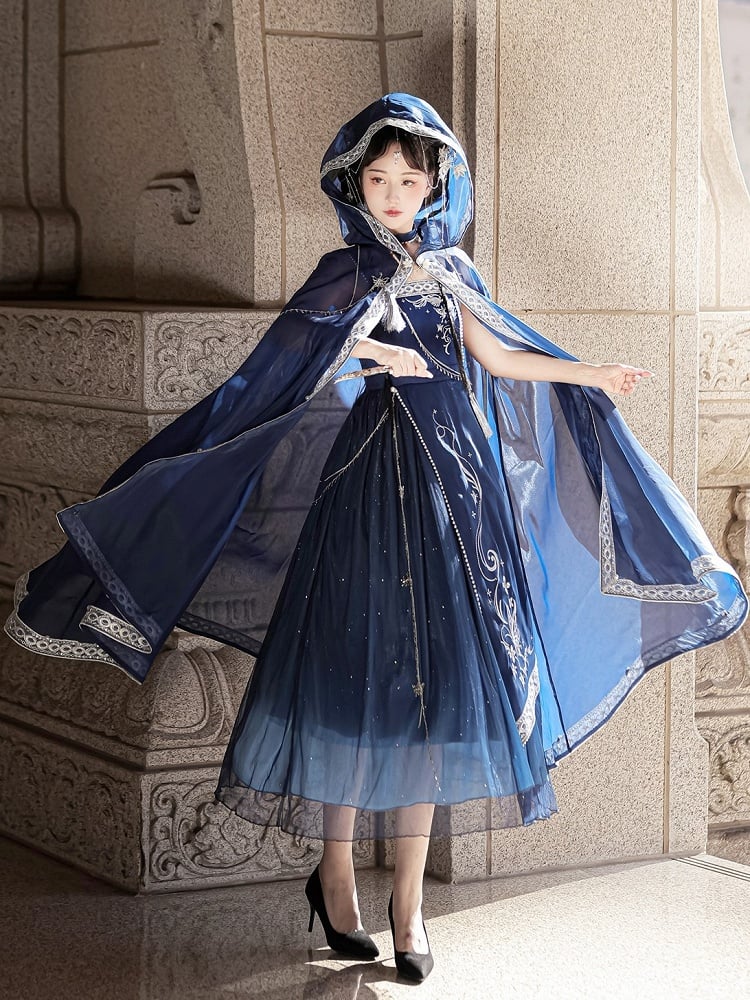 Long Night Dreamy Embroidery Chains Starry Set Blue Cloak with Butterfly + Dress Dark