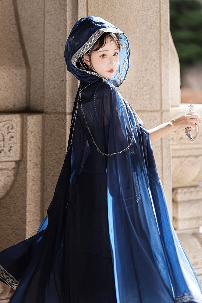 Long Night Dreamy Embroidery Chains Starry Set Blue Cloak with Butterfly + Dress Dark