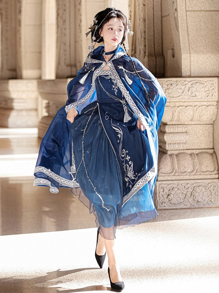 Long Night Dreamy Embroidery Chains Starry Set Blue Cloak with Butterfly + Dress Dark
