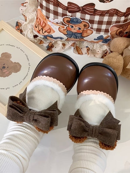 Chocolate Regular/Thicken Scalloped with Version - Sweet Bear-themed Lolita Trim Low/Mid Bow Removable Ornate Heels