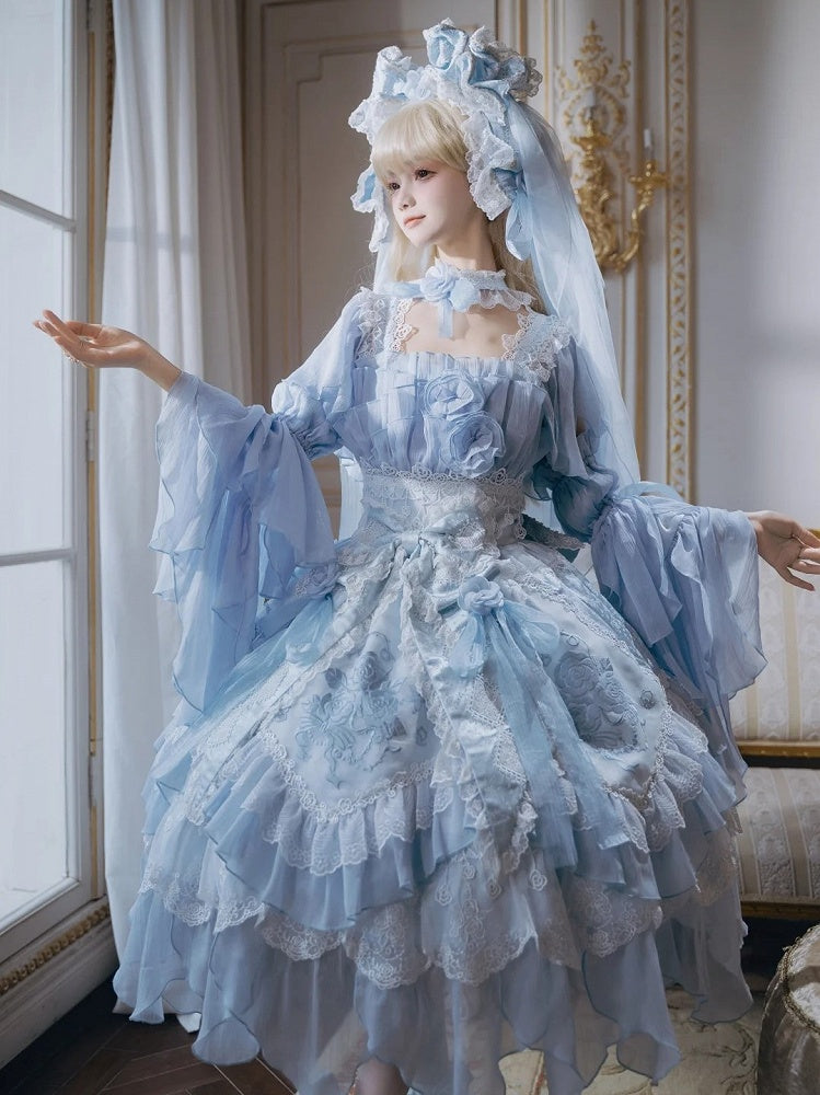 Dress Blue Accents Lolita Version JSK Rose Short Hanayome Layered Ruffles Flowing Light with