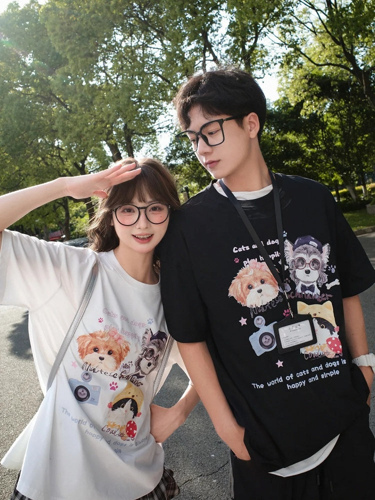 ホワイト/ブラック/ダークブルー ラウンドネック 子犬と子猫プリント ルーズTシャツ