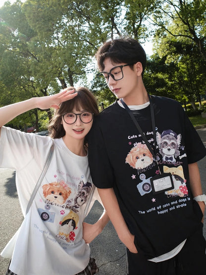 ホワイト/ブラック/ダークブルー ラウンドネック 子犬と子猫プリント ルーズTシャツ