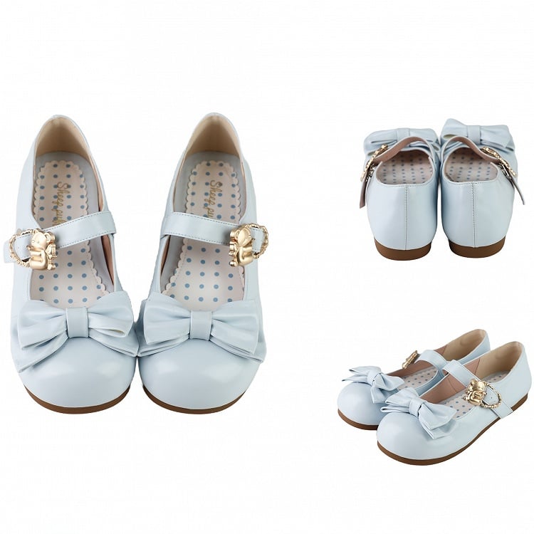 Heart Top Bow Buckles Sky at Hugging Bear Lolita Sweet Flats with Blue