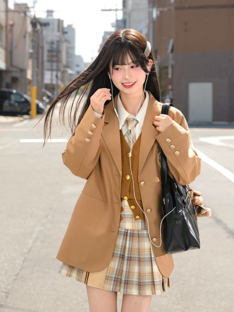 ブラウンのプレッピーファッションバッジブレザー刺繍JKユニフォームヴィンテージミラード