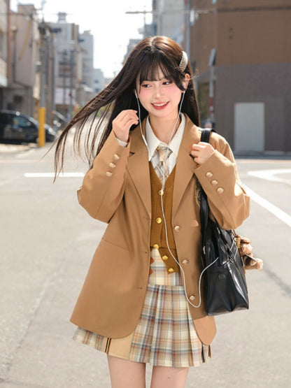 ブラウンのプレッピーファッションバッジブレザー刺繍JKユニフォームヴィンテージミラード