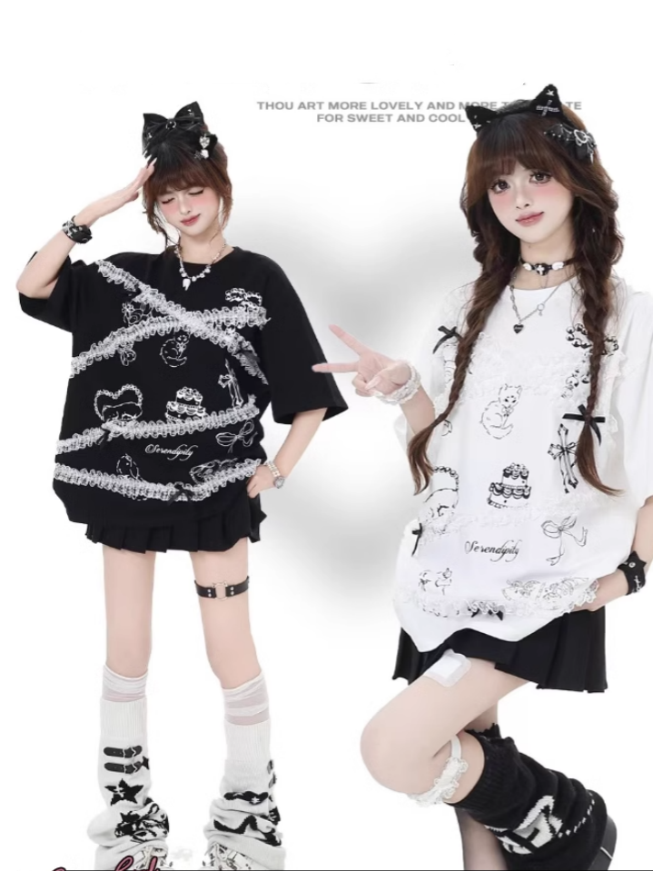 Lace Trim T-Shirt Neck Loose Black/White Cartoon Print Bittersweet Round