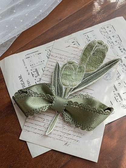 Embroidered Green Brooch and Bow Tulip