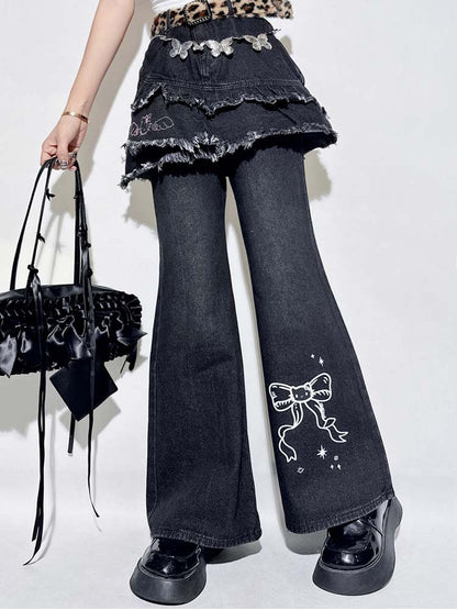 Schwarze Schlaghose mit Schleife und Used-Look