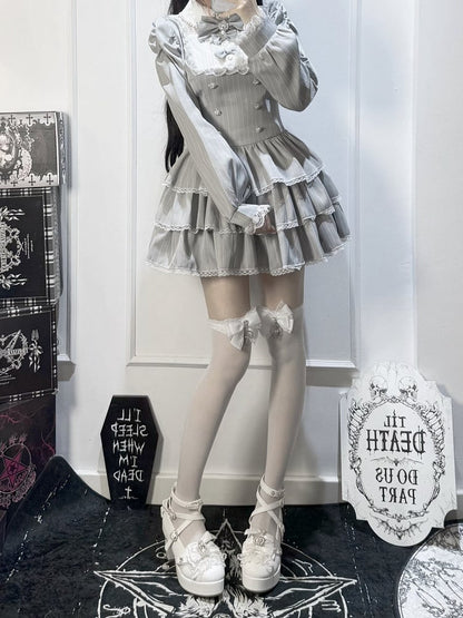 Gray Striped Ryousangata Two-Piece Set with Tiered Ruffle Dress, Bows, Lace & Bloomers - Virtual Paradise