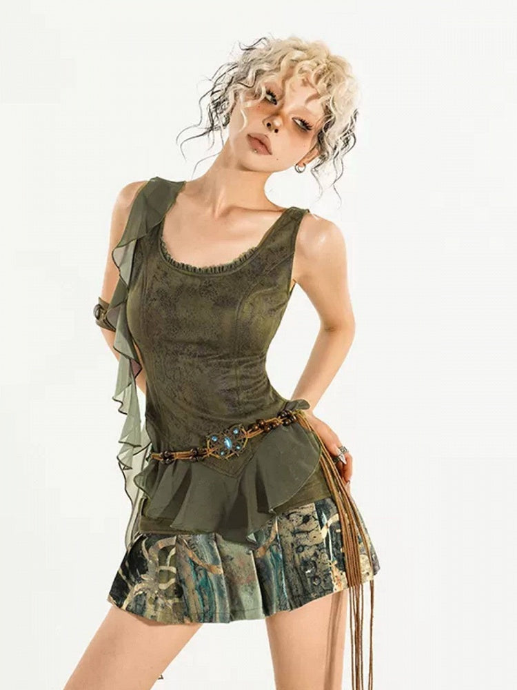 Green Scoop Neck Sleeveless Ruffle Trim Top