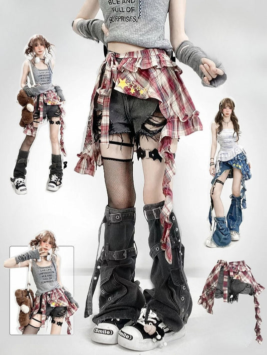 デザイン ダメージ加工 ビタースイート Y2K レッドホールズ + レッグアクセサリーウォーマー ブラック チェック柄 ショートパンツ