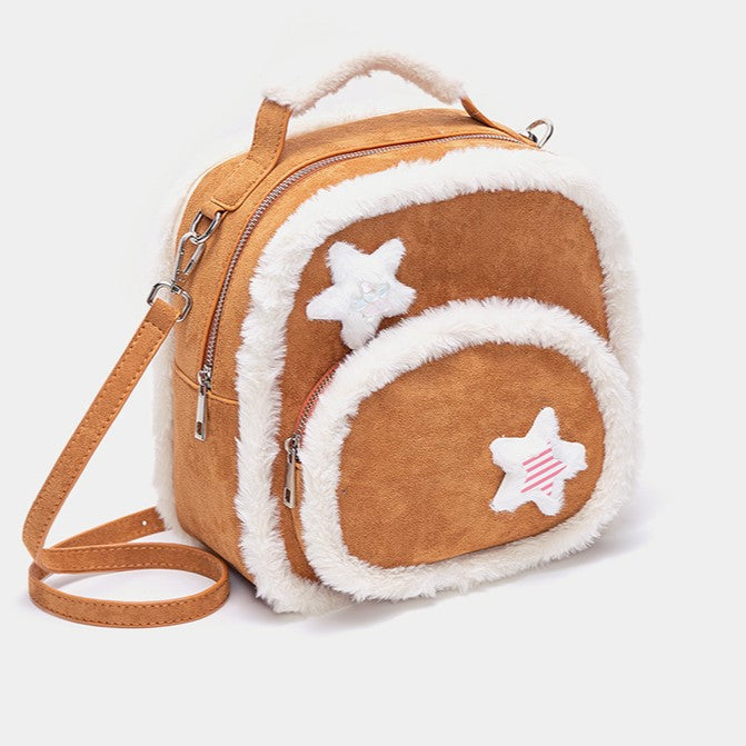 Chic 2-Way Small-Sized Brown Backpack With Plush Trim And Fuzzy Star Accents
