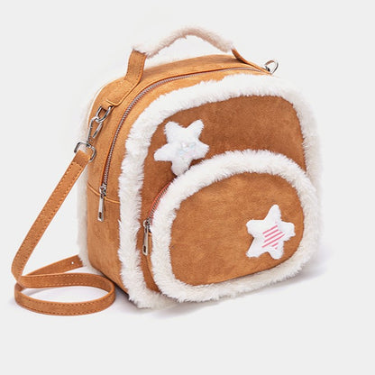 Chic 2-Way Small-Sized Brown Backpack With Plush Trim And Fuzzy Star Accents