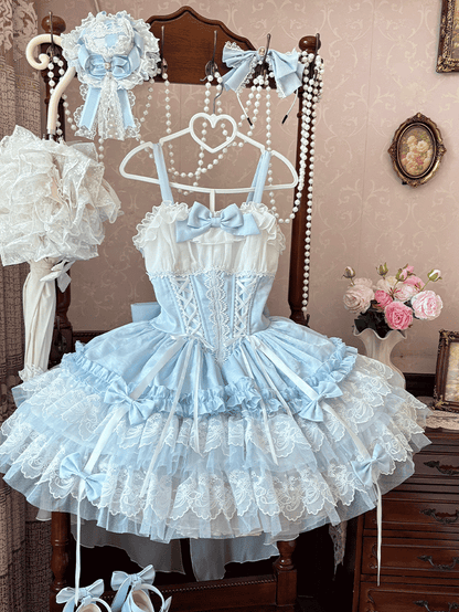 Layered Big Balletcore Lace-up Boned Waist Sweet Lolita Jumper Train Bow Skirt Blue White with Hem Lace and
