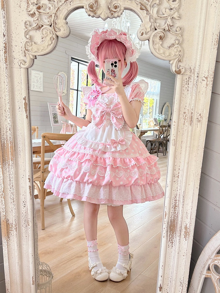 Punkte Quadrat Schürze Weiß Kurze Polka Kleid Lolita mit Ärmeln Ausschnitt Rosa