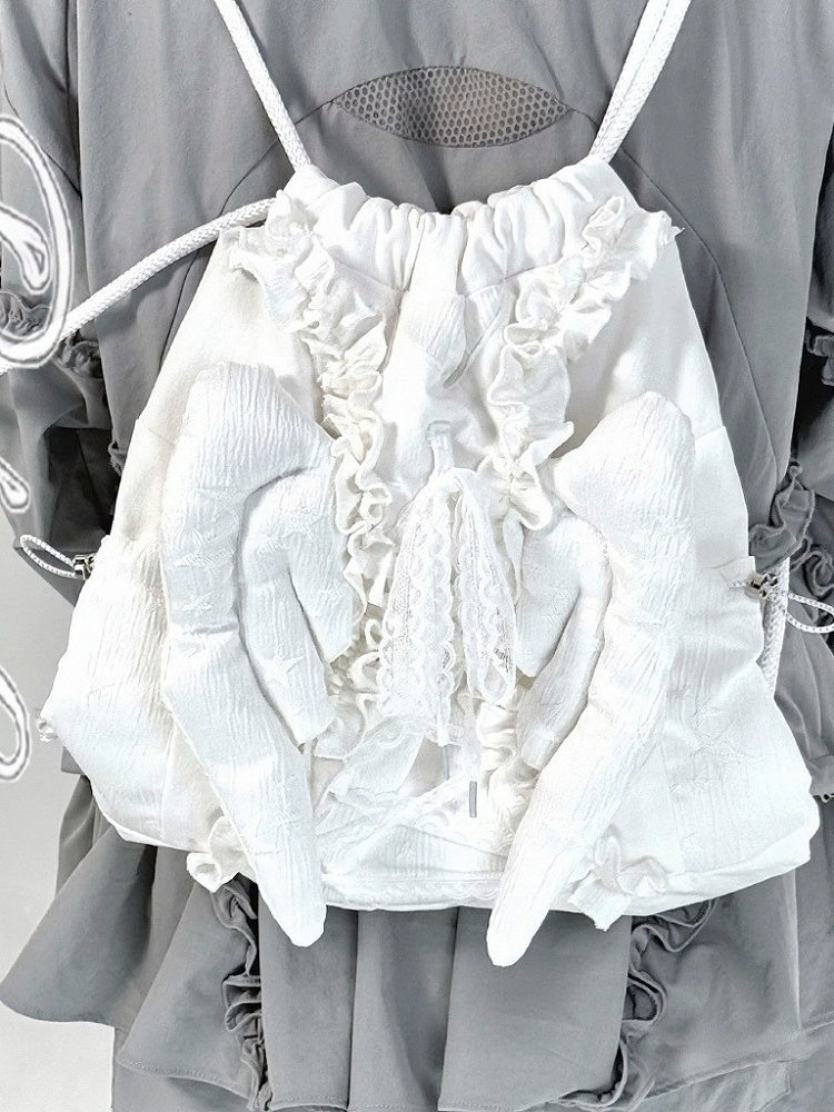 Wing Drawstring Shoulder Bag with Ruffle - PICKYBONE