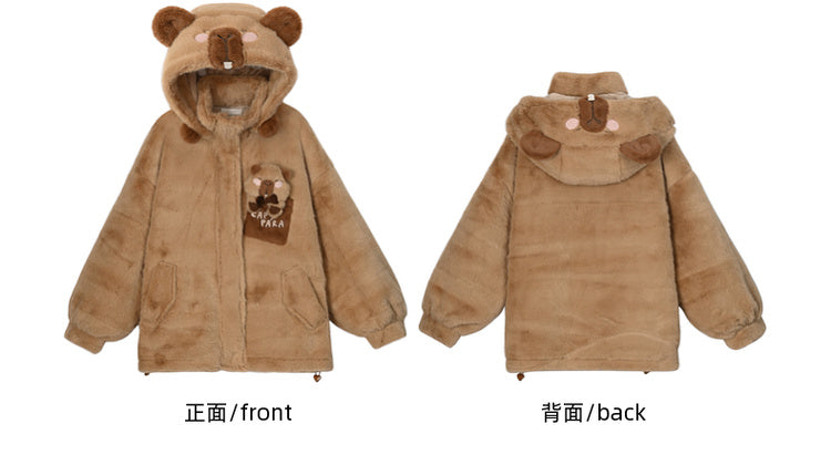 Niedlicher Capybara-verzierter brauner Plüsch-Kapuzenpullover
