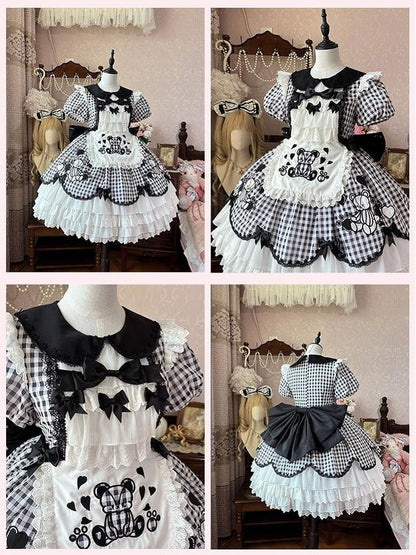 Sleeves Black  White Plaid Bear Lolita Dress Skirt Puff Tiered Embroidery OP