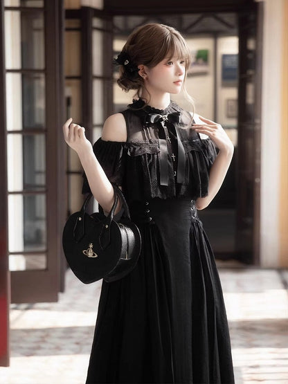 White/Black Cutout Shoulder Jirai Kei Cross Lace Dress - Tan Tuan