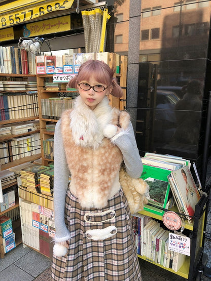 Rhinestone Accent Reversible with Faux White Double Fur Metal Red Cross Scarf