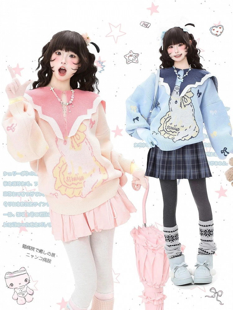 with Kawaii Sweater Daily and Blue/Pink Bow Sailor Collar Patterns Cat