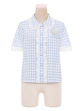Little Penguin Blue Plaid Short Sleeves Blouse Lace Trim