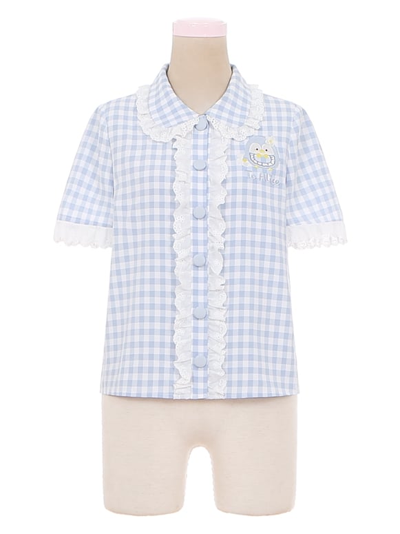 Little Penguin Blue Plaid Short Sleeves Blouse Lace Trim
