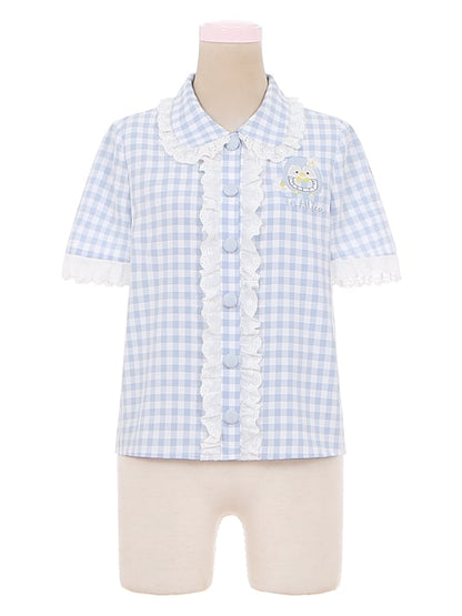 Little Penguin Blue Plaid Short Sleeves Blouse Lace Trim