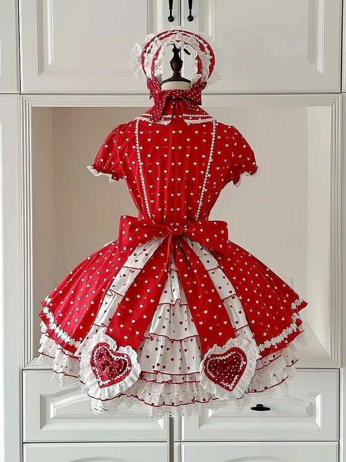 Lolita Dot Sweet Polka Sweetheart Dress Accents with Heart White Applique Red Bow