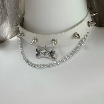 Black Bone Pendant Studded Choker with Chain