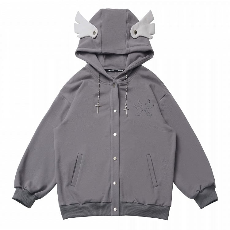 Bittersüße Kette Grau/Schwarz Kapuzendesign Hoodie Flügel Kreuz Wing Stickerei Rücken Feder