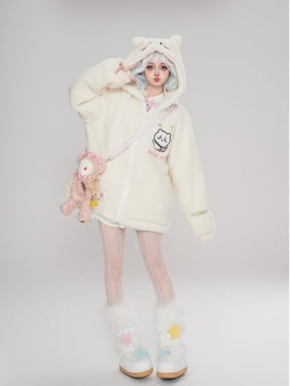 Fleece Cartoon White Hamster Coat Ears Hooded Print With