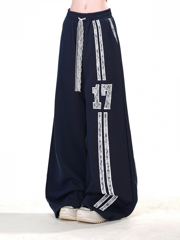 Waist Sports Navy Blue Elastic Waist Lace Drawstring Wide-Leg Pants