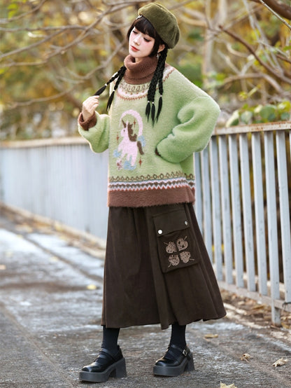 Green Jacquard Unicorn High-neck Sweater Isle Fair