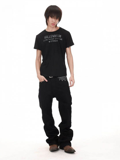 Black Round Neck T-Shirt with Letter Print - DETW OnLine