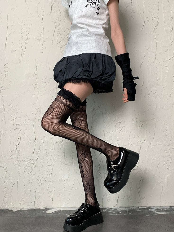 Fishnet Overknee Y2K Lace Stockings Heart Pattern Black Design Trim