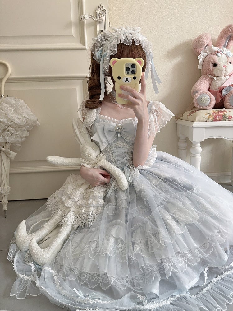 Rhinestone JSK Lolita / Details Bows Lace Blue with Overlay Full Hanayome-Style Elegant + Set Dress Multi-Layer