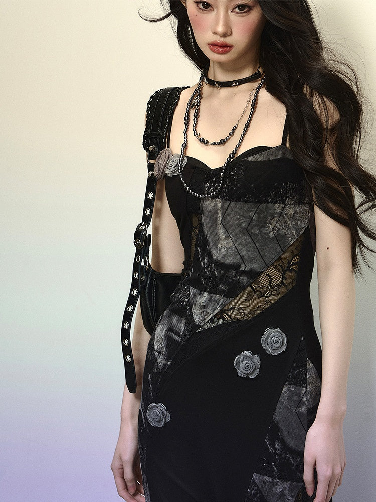Black Floral Embellished Lace Patches Slim-fitting Cami Dress