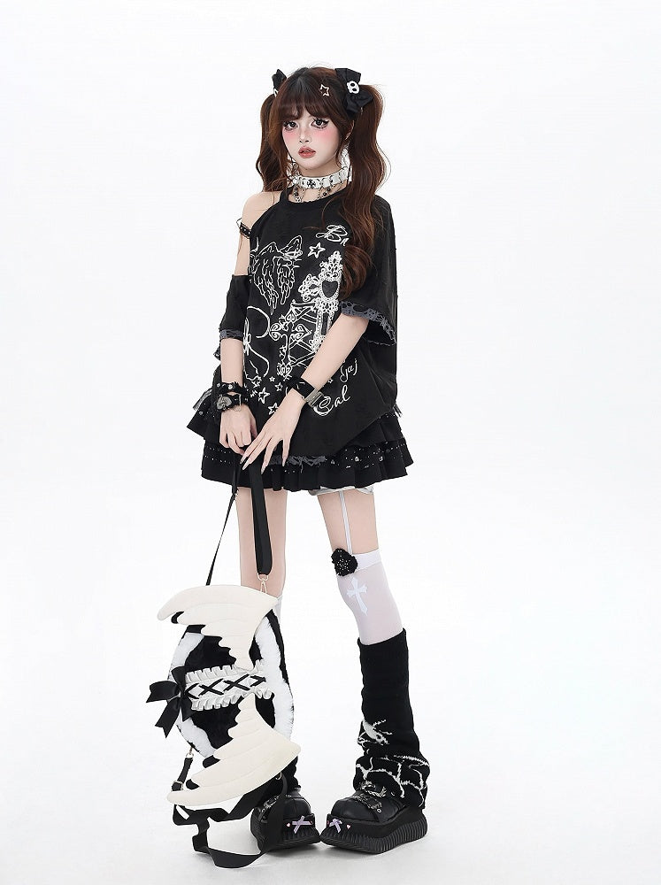 ブラック/ベージュ カットアウトショルダー グラフィティ ビタースイート Tシャツ エンジェルラッキー