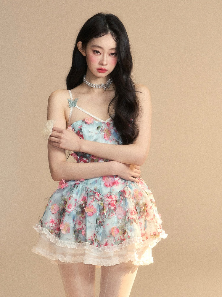アクセントブルーの油絵プリントフローラルバタフライスリップドレスフリルミニトリムと
