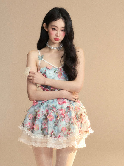 アクセントブルーの油絵プリントフローラルバタフライスリップドレスフリルミニトリムと