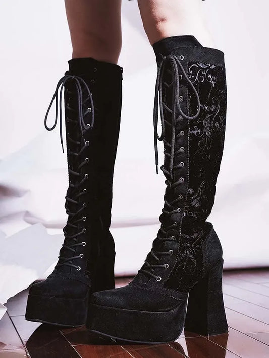 Block High Black Velvet Lace-up Gothic Heel Front Knee-high Ties Platform Boots