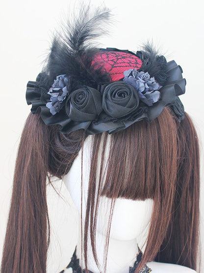 Black Rosette Feather Lace Trim  Hat With Veil