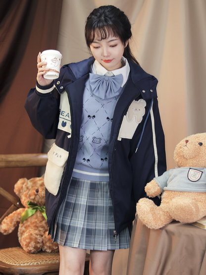 Blue/Pink Colorblock Jacket Plush Zip-Up Padded with Hood Teddy Patch