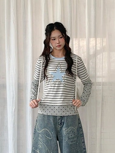 Light Gray Polka Dot Striped Long Sleeve Top with Star Pattern - Solkatt